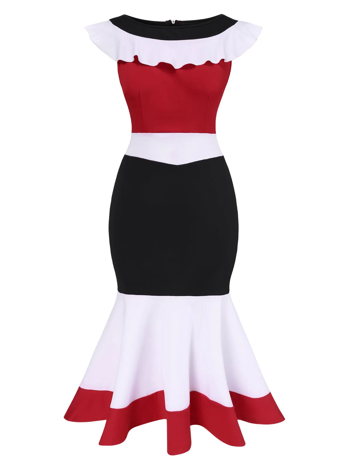1930s Color Block Ruffled Fishtail Dress