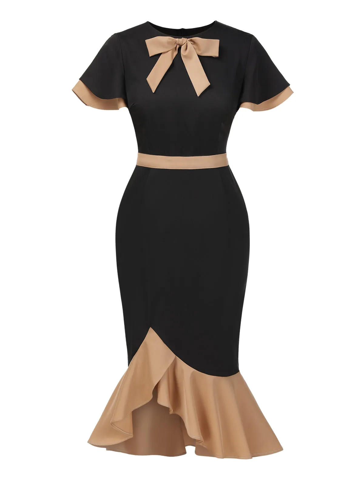 1930s Contrast Bow Tie Ruffle Hem Mermaid Dress