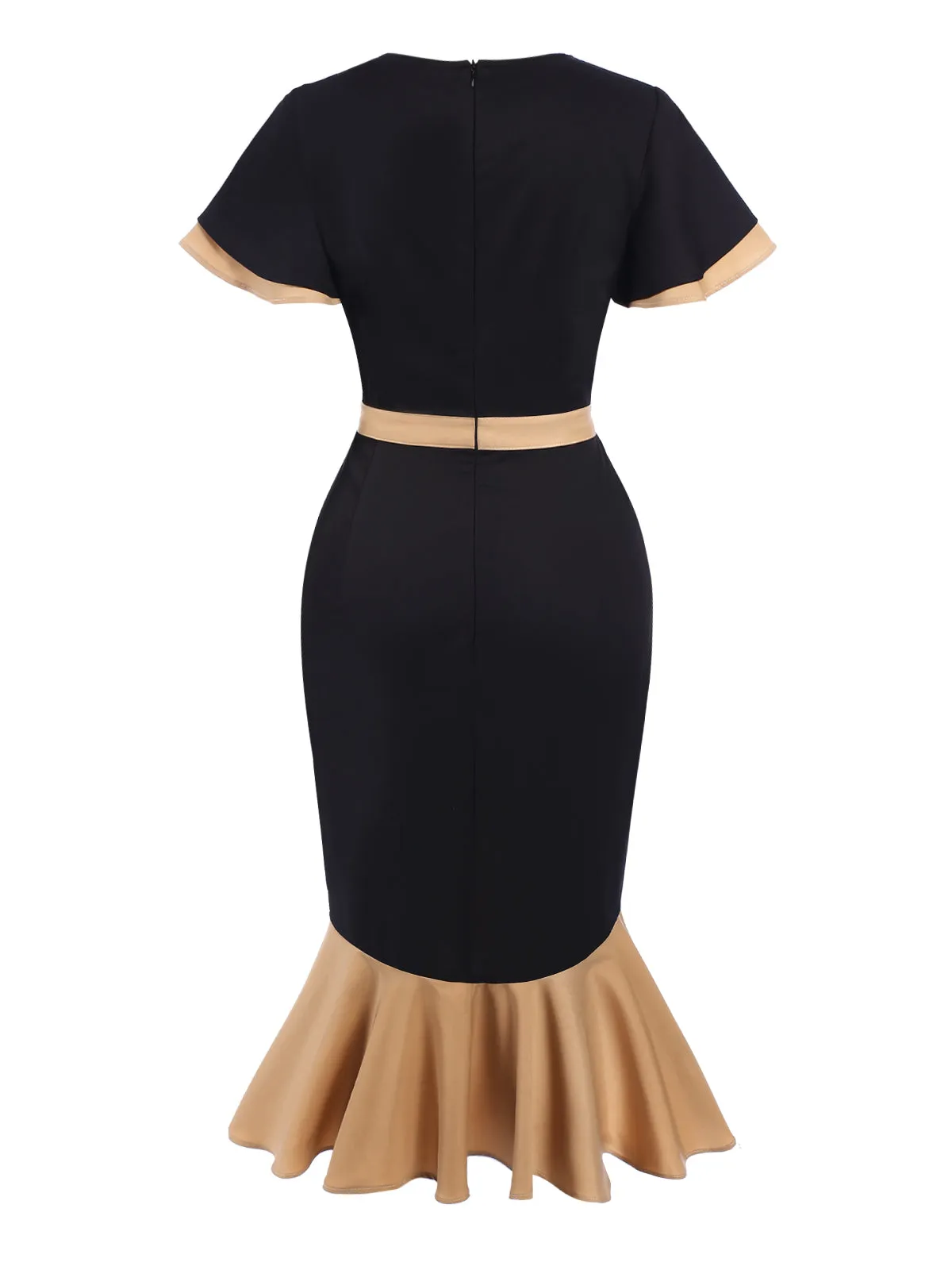 1930s Contrast Bow Tie Ruffle Hem Mermaid Dress