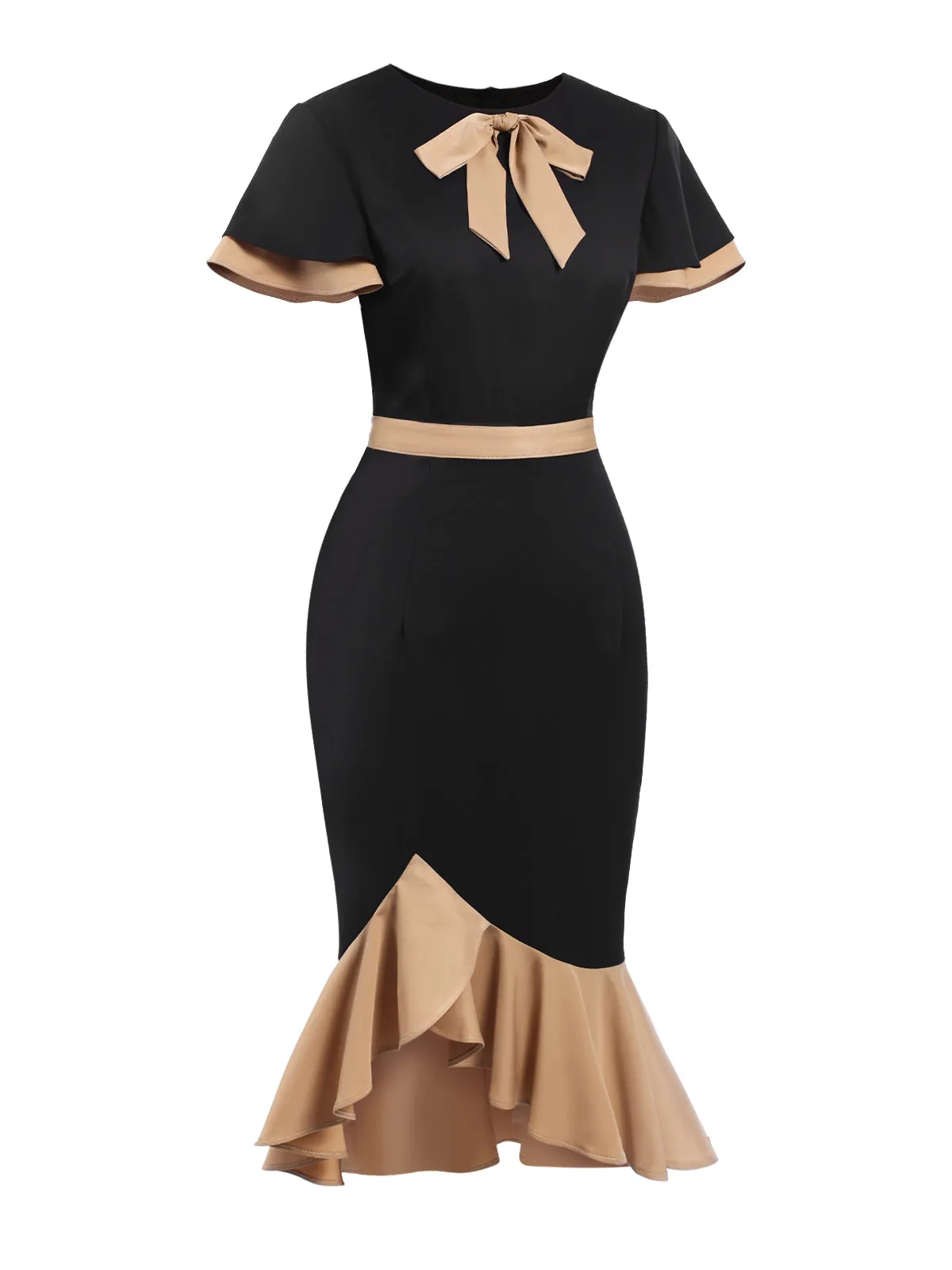 1930s Contrast Bow Tie Ruffle Hem Mermaid Dress