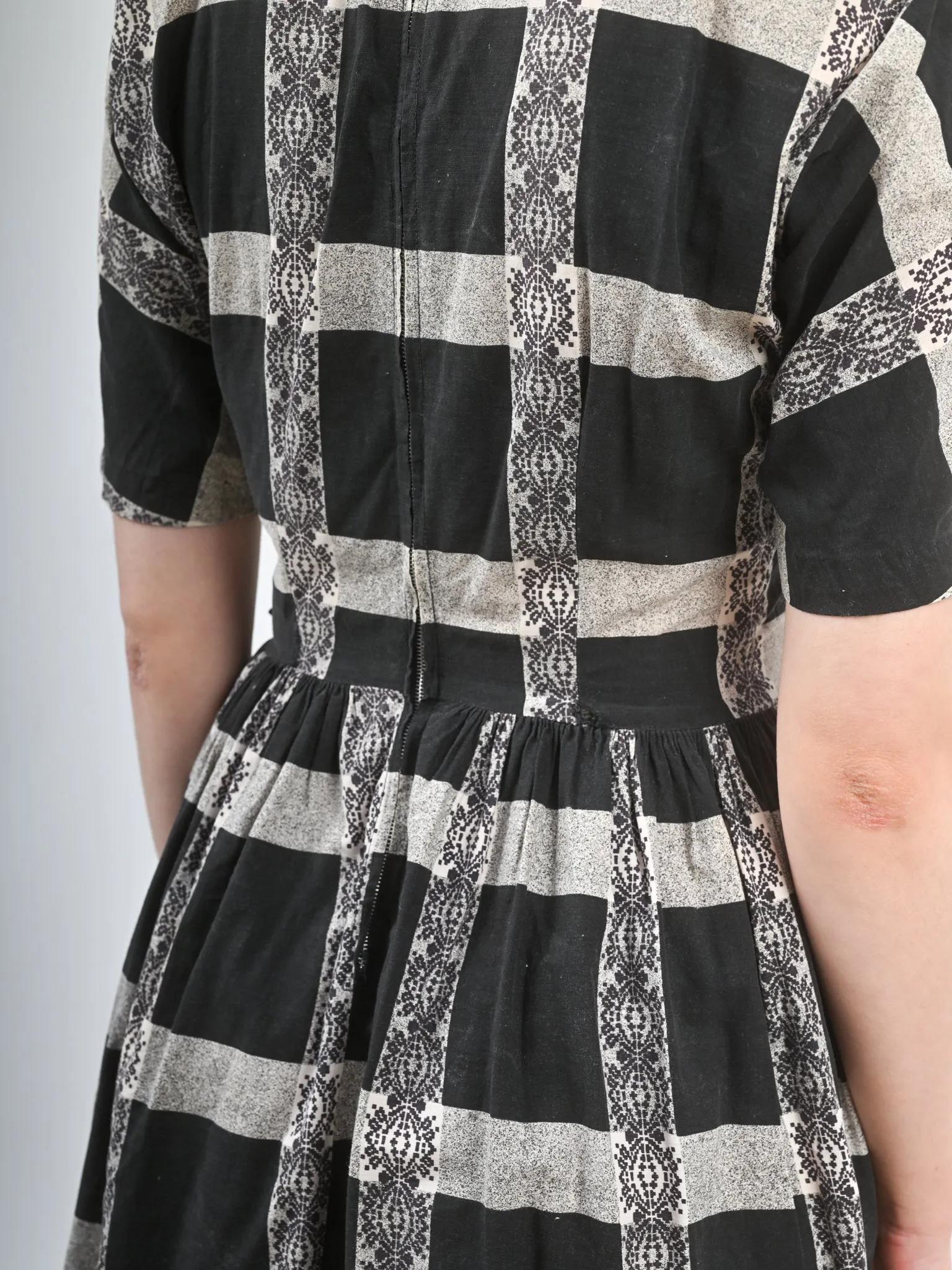 1960s Black and White Checkered Fit and Flare Cotton Dress