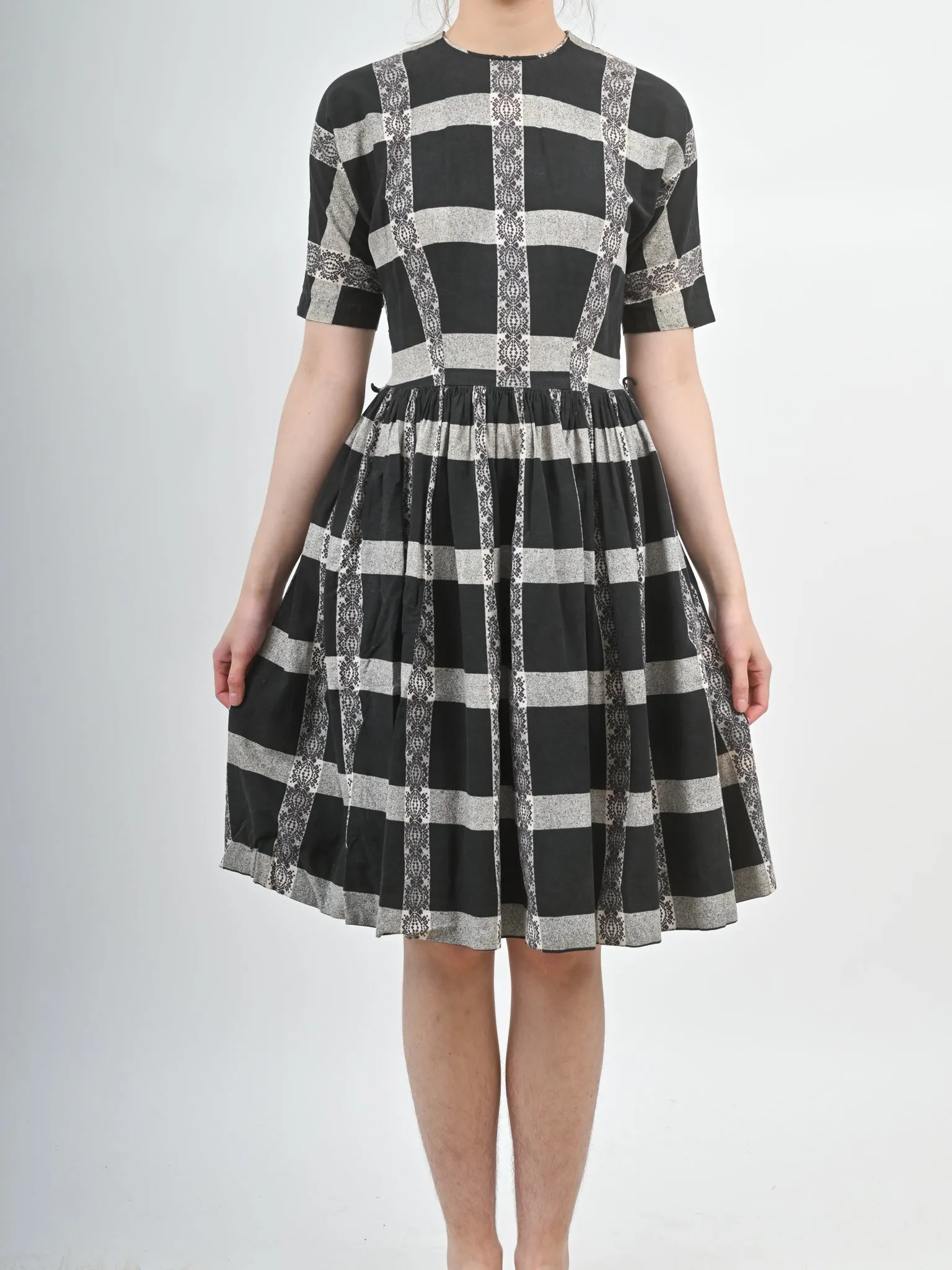 1960s Black and White Checkered Fit and Flare Cotton Dress