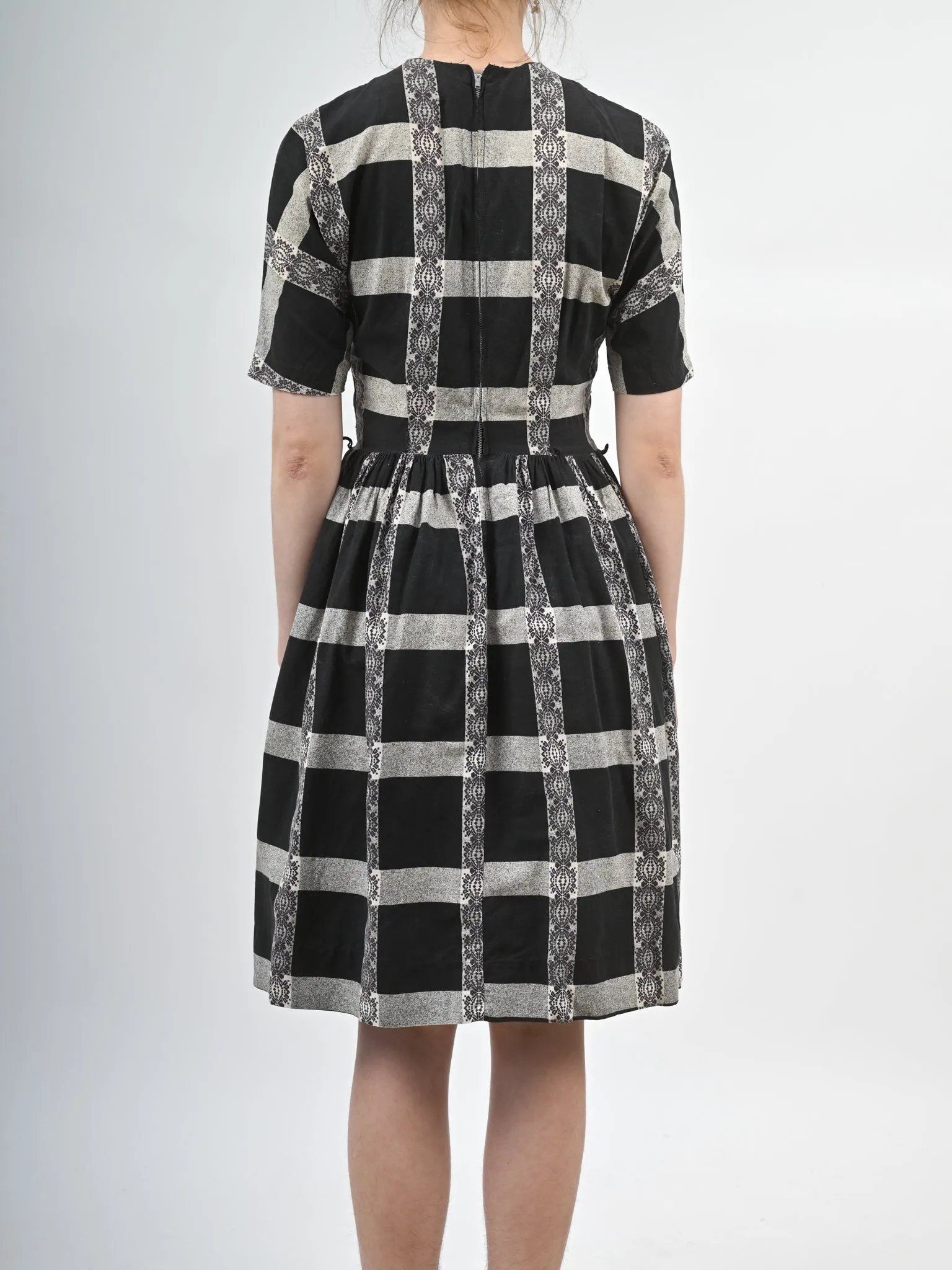 1960s Black and White Checkered Fit and Flare Cotton Dress