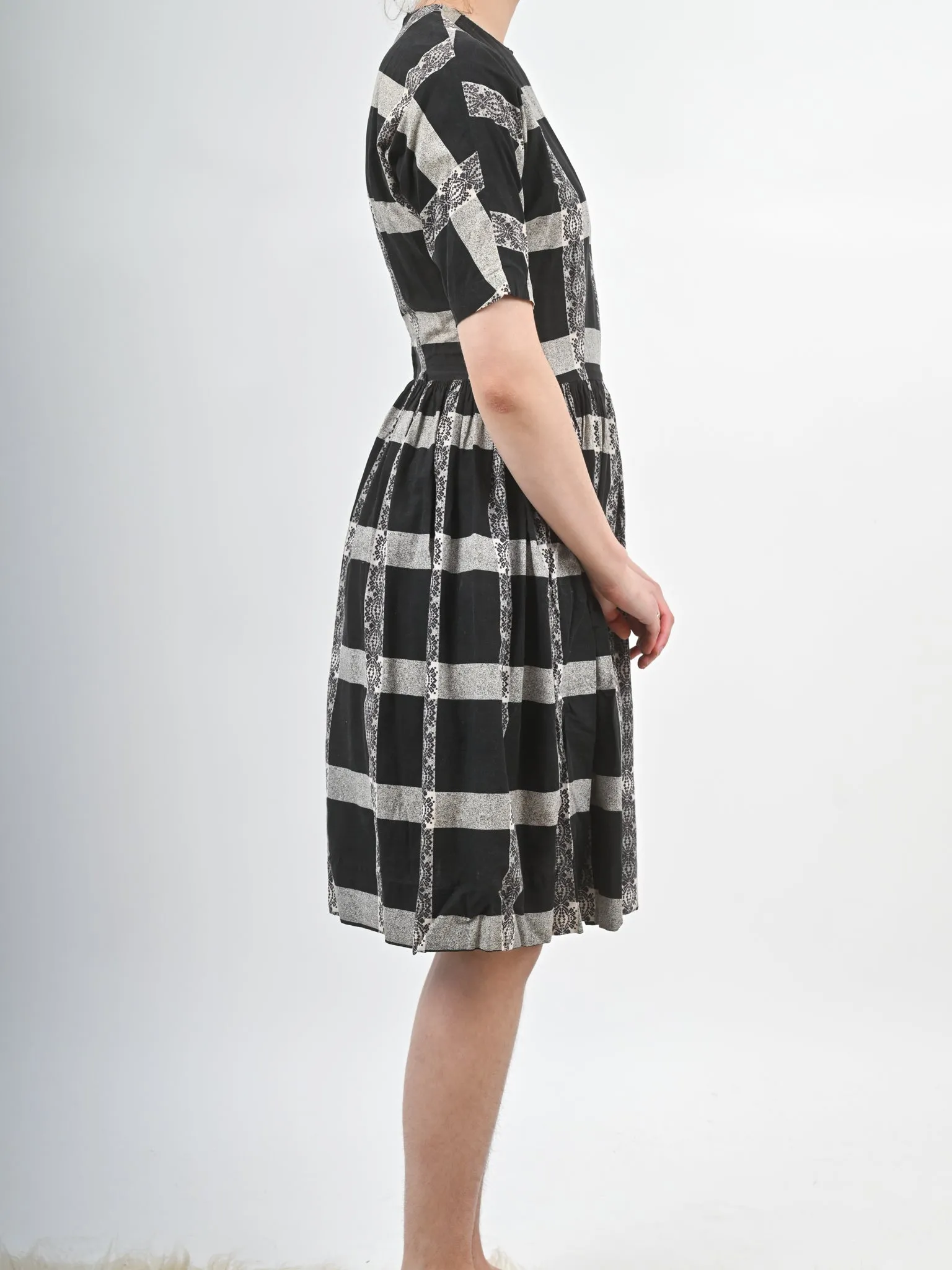 1960s Black and White Checkered Fit and Flare Cotton Dress
