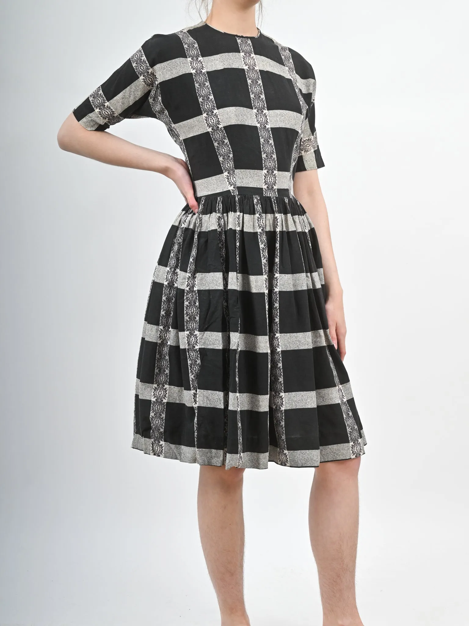 1960s Black and White Checkered Fit and Flare Cotton Dress