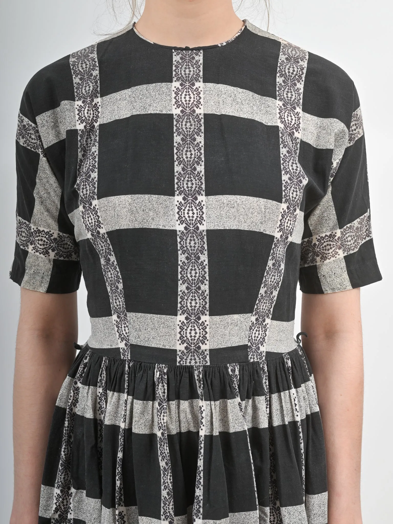 1960s Black and White Checkered Fit and Flare Cotton Dress