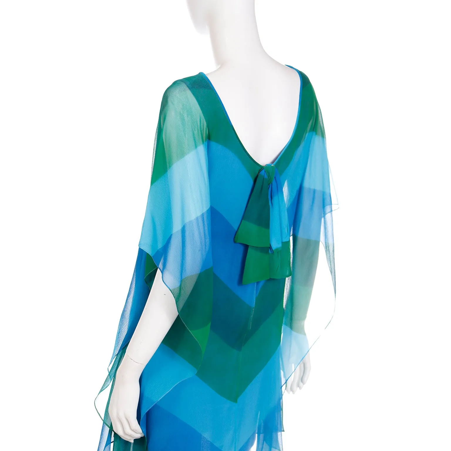 1960s Blue & Green Chevron Stripe Silk Chiffon Overlay Summer Dress