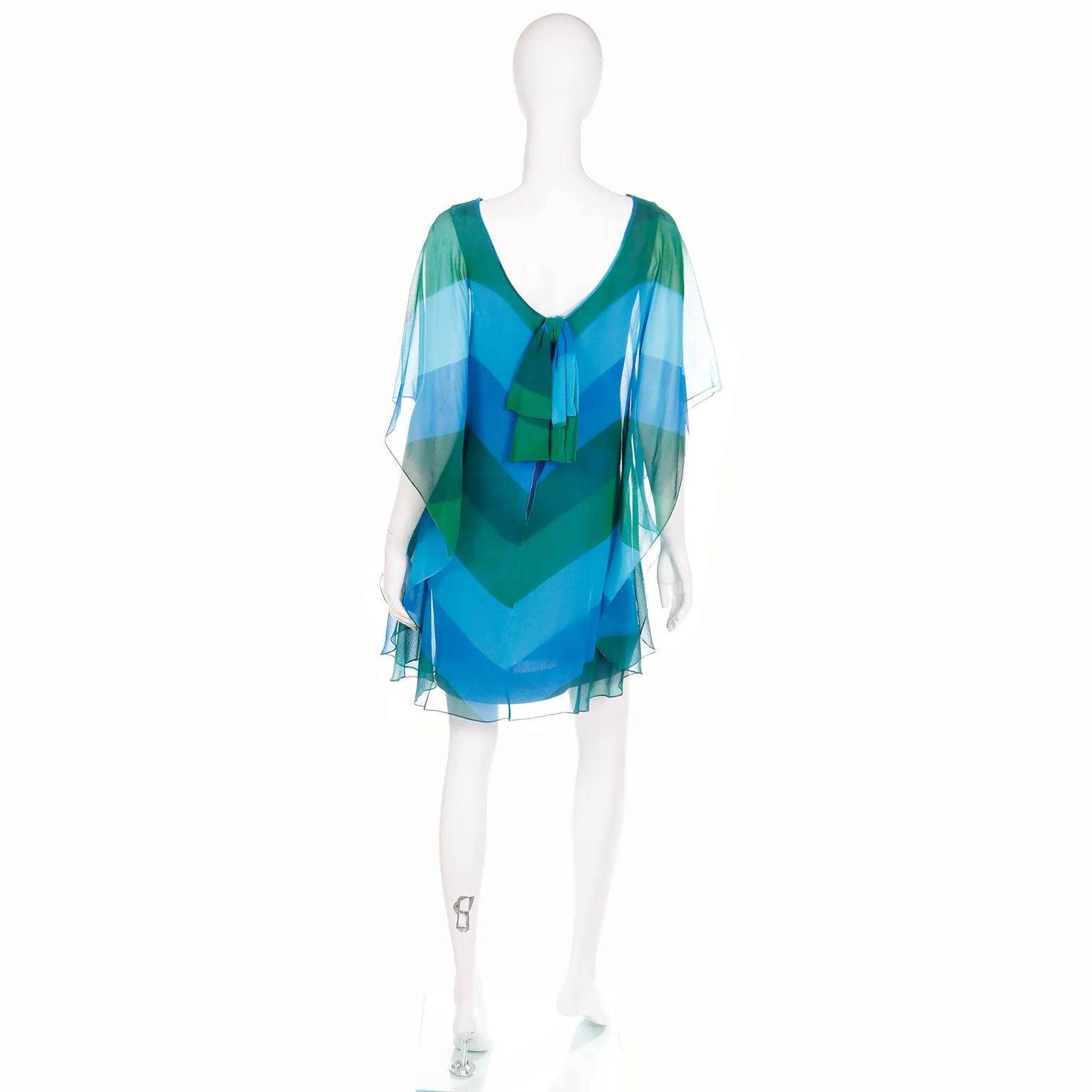 1960s Blue & Green Chevron Stripe Silk Chiffon Overlay Summer Dress
