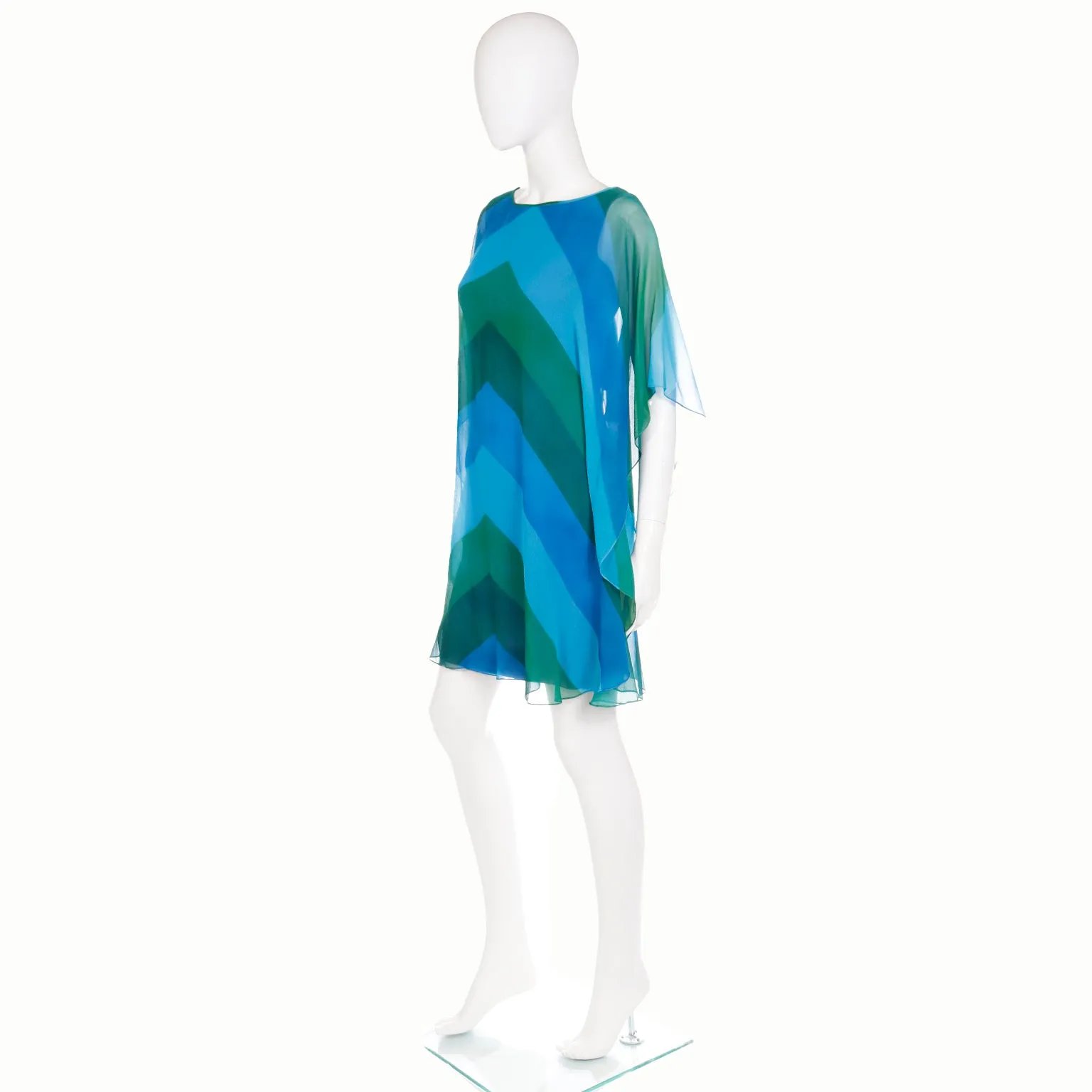 1960s Blue & Green Chevron Stripe Silk Chiffon Overlay Summer Dress