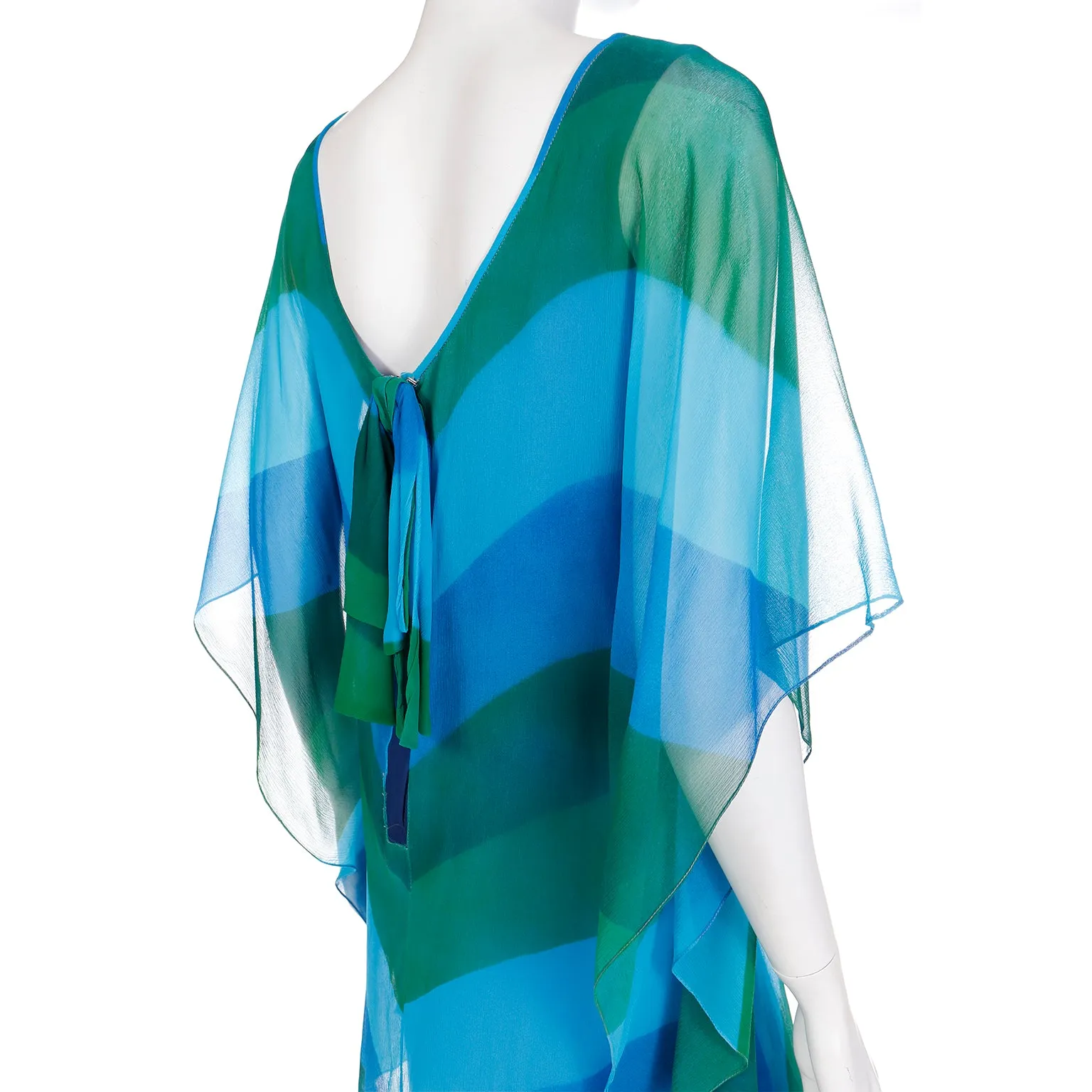 1960s Blue & Green Chevron Stripe Silk Chiffon Overlay Summer Dress