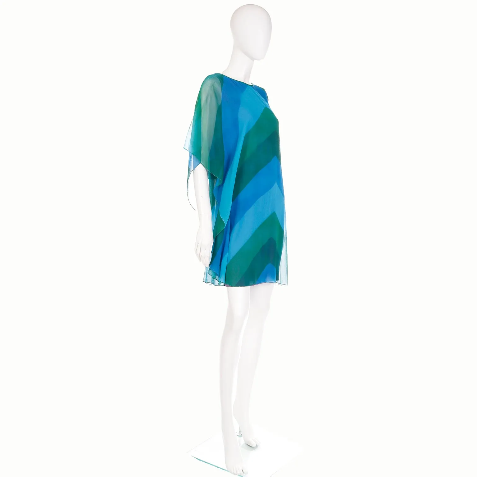 1960s Blue & Green Chevron Stripe Silk Chiffon Overlay Summer Dress
