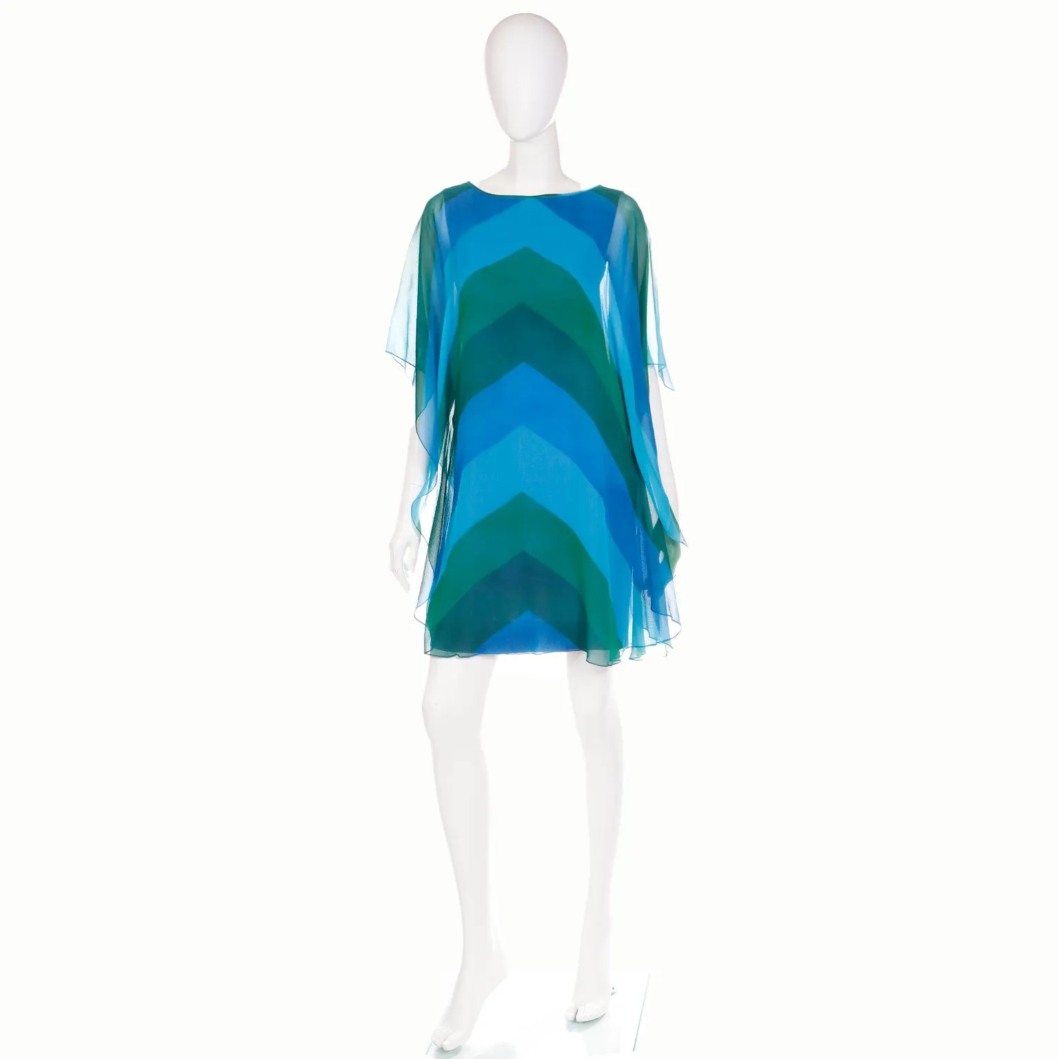 1960s Blue & Green Chevron Stripe Silk Chiffon Overlay Summer Dress