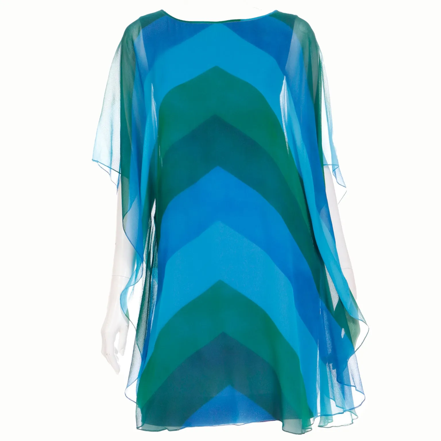 1960s Blue & Green Chevron Stripe Silk Chiffon Overlay Summer Dress