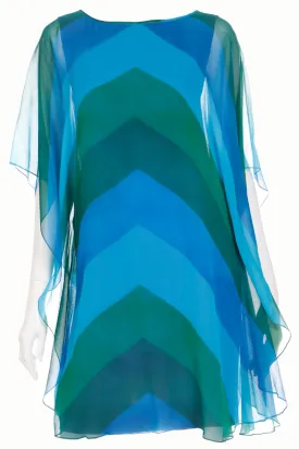 1960s Blue & Green Chevron Stripe Silk Chiffon Overlay Summer Dress