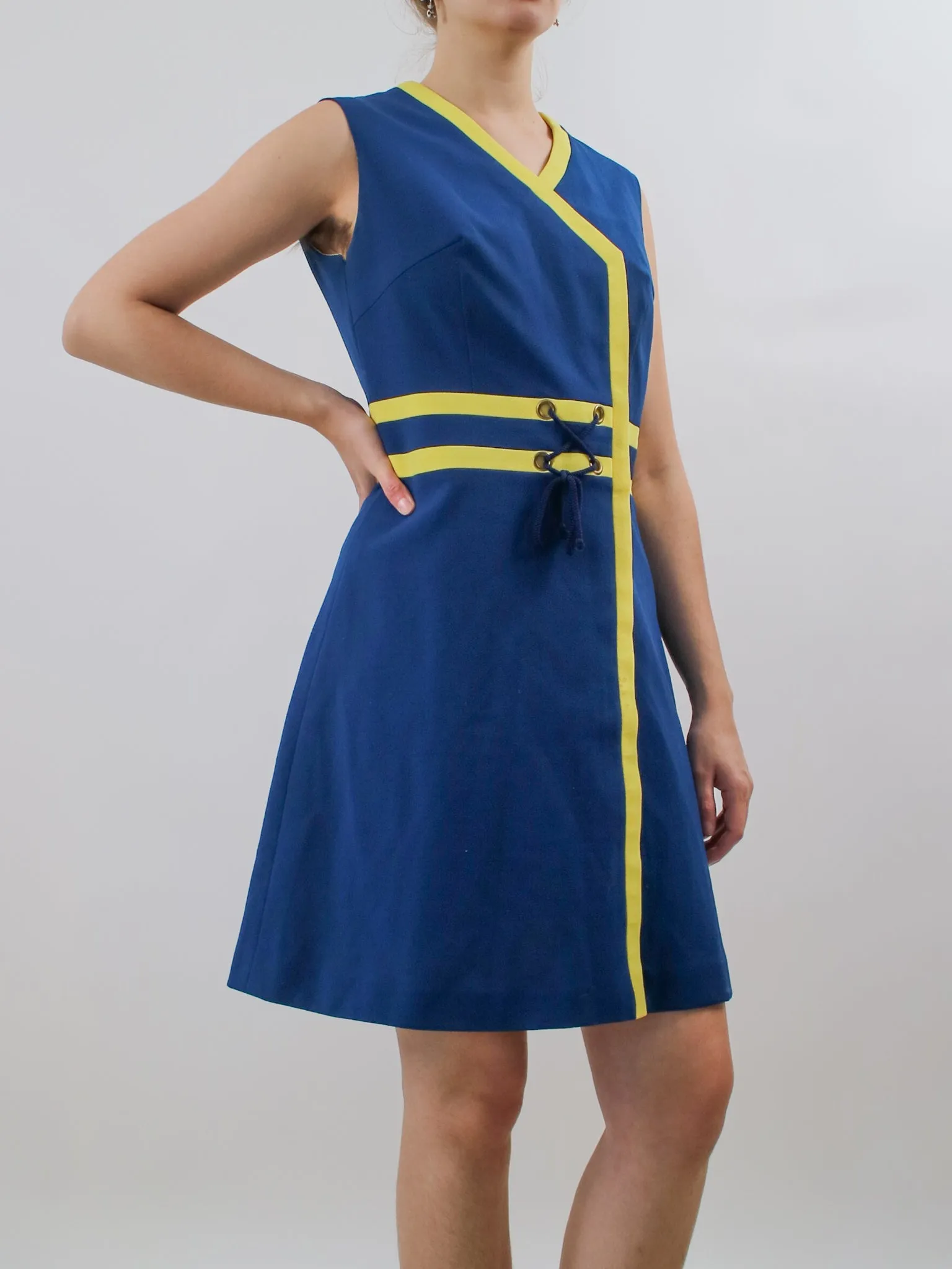1960s Mod Gogo Dark Blue and Yellow Dress