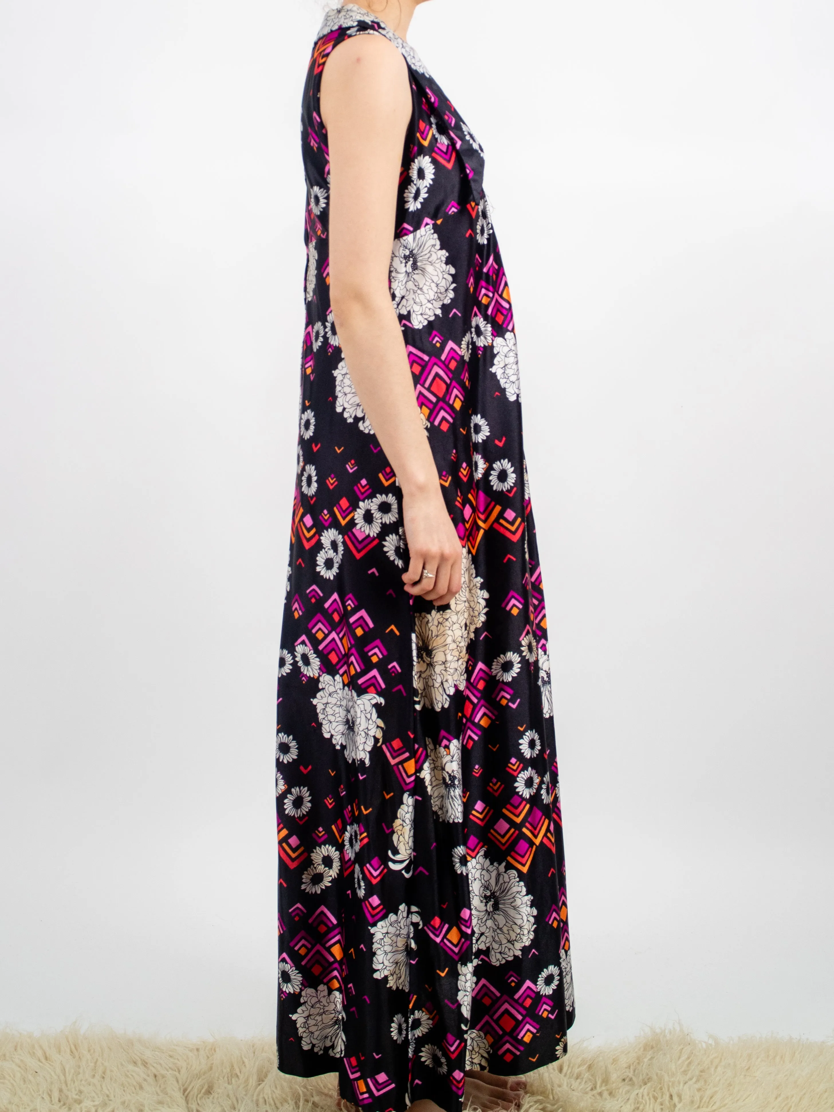 1970s Psychedelic Floral Geometirc Print Maxi Dress