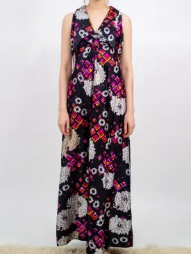 1970s Psychedelic Floral Geometirc Print Maxi Dress