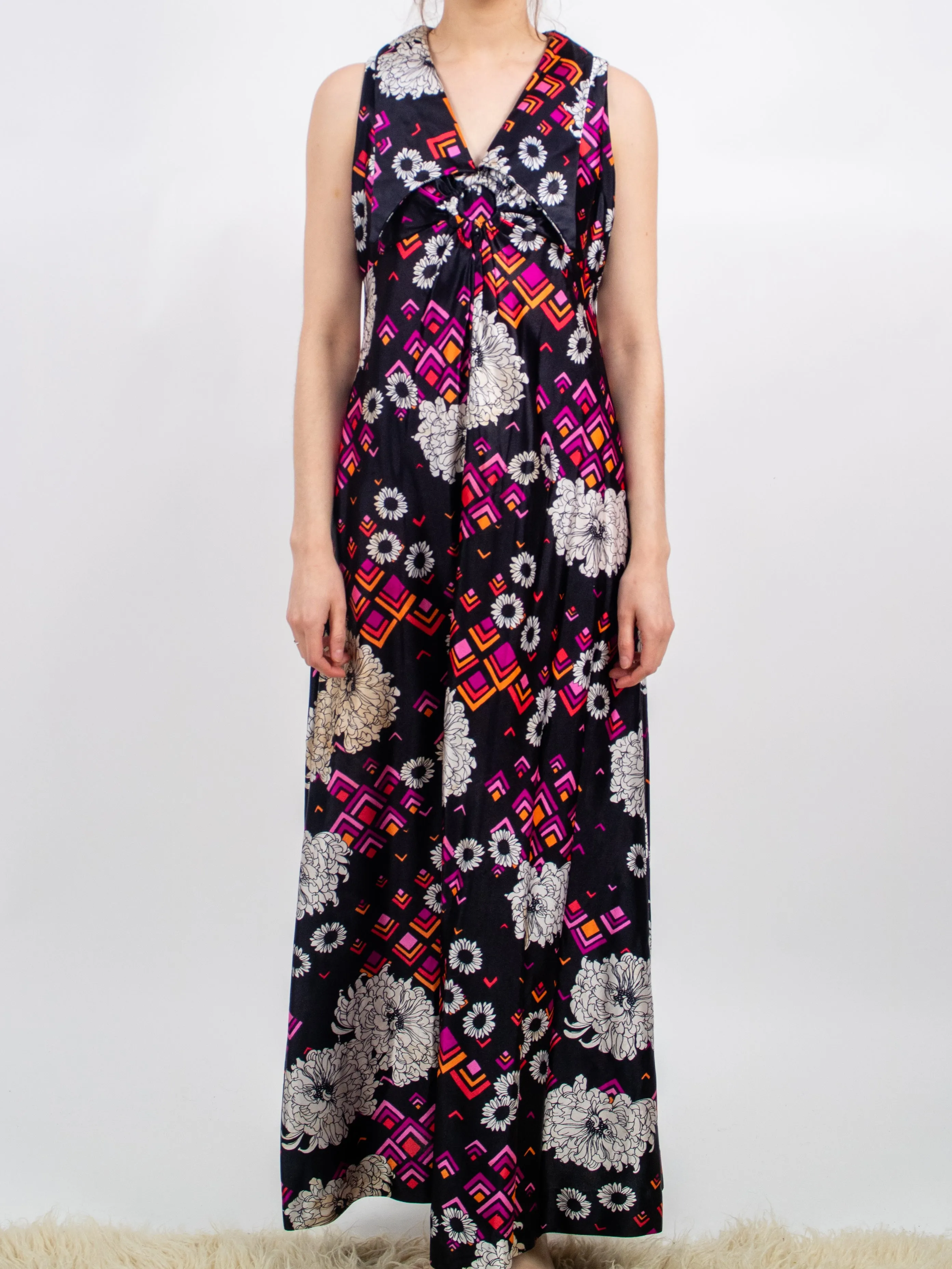 1970s Psychedelic Floral Geometirc Print Maxi Dress