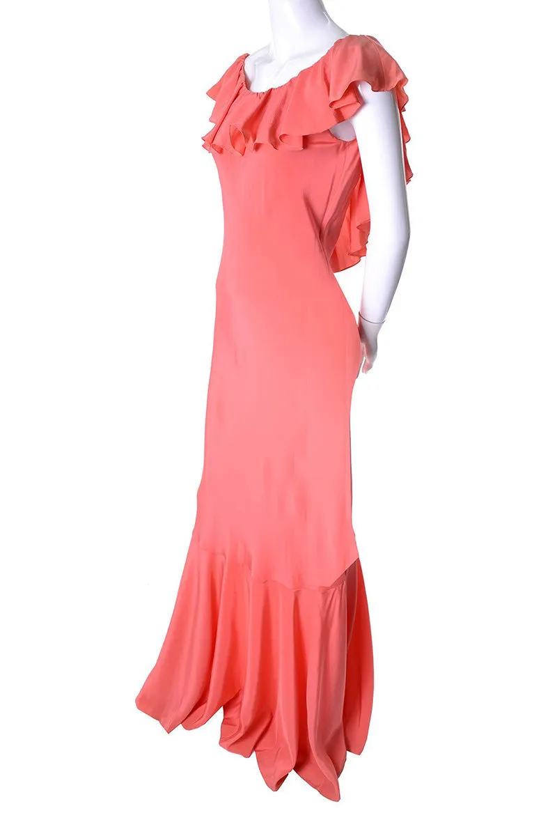 1990s Oscar de la Renta Vintage Salmon Silk Ruffle Dress New with Tags 10