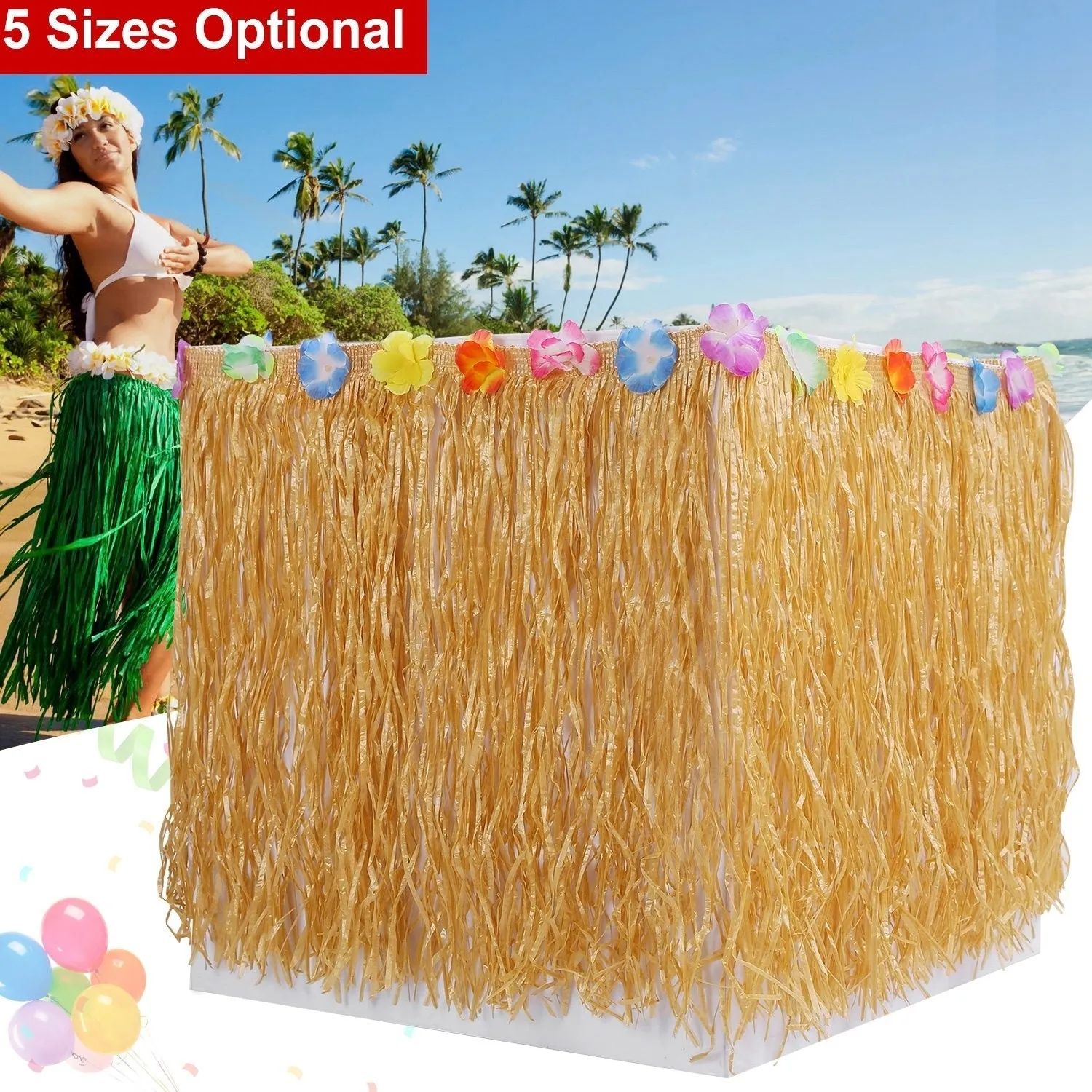 1M Grass Table Skirt Hawaiian Luau Party Decorations Supplies w/Hibiscus for Buffet BBQ Tiki Bar Beach Birthday Party