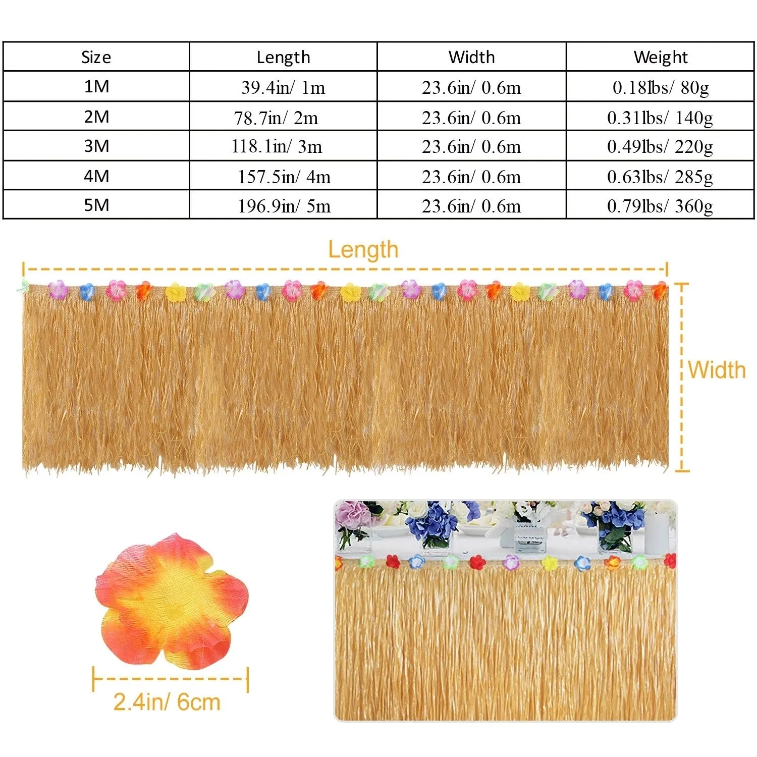 1M Grass Table Skirt Hawaiian Luau Party Decorations Supplies w/Hibiscus for Buffet BBQ Tiki Bar Beach Birthday Party