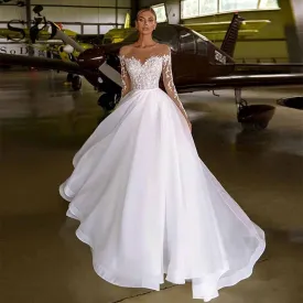 A-line Princess Boho Bridal Dress Long Sleeves Scoop Neck Covered Button Wedding Dress With Appliqued