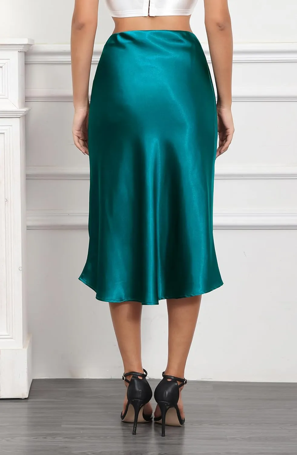 ALCEA ROSEA Women High Waist Silky Satin Midi Skirt Elastic Waist A Line Skirt with Slit
