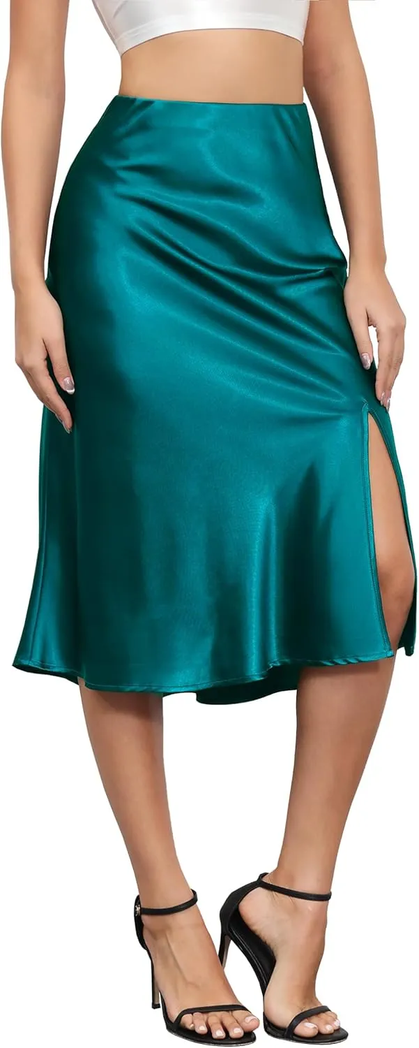 ALCEA ROSEA Women High Waist Silky Satin Midi Skirt Elastic Waist A Line Skirt with Slit