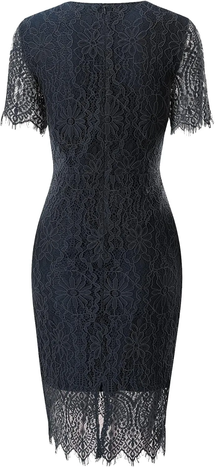 ALLANDWELL Women's Elegant Floral Lace Fixed V Neck Fluttering Short Sleeves Knee Length Dress
