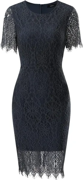 ALLANDWELL Women's Elegant Floral Lace Fixed V Neck Fluttering Short Sleeves Knee Length Dress