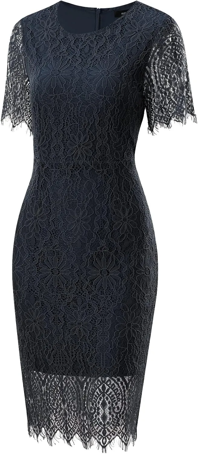 ALLANDWELL Women's Elegant Floral Lace Fixed V Neck Fluttering Short Sleeves Knee Length Dress