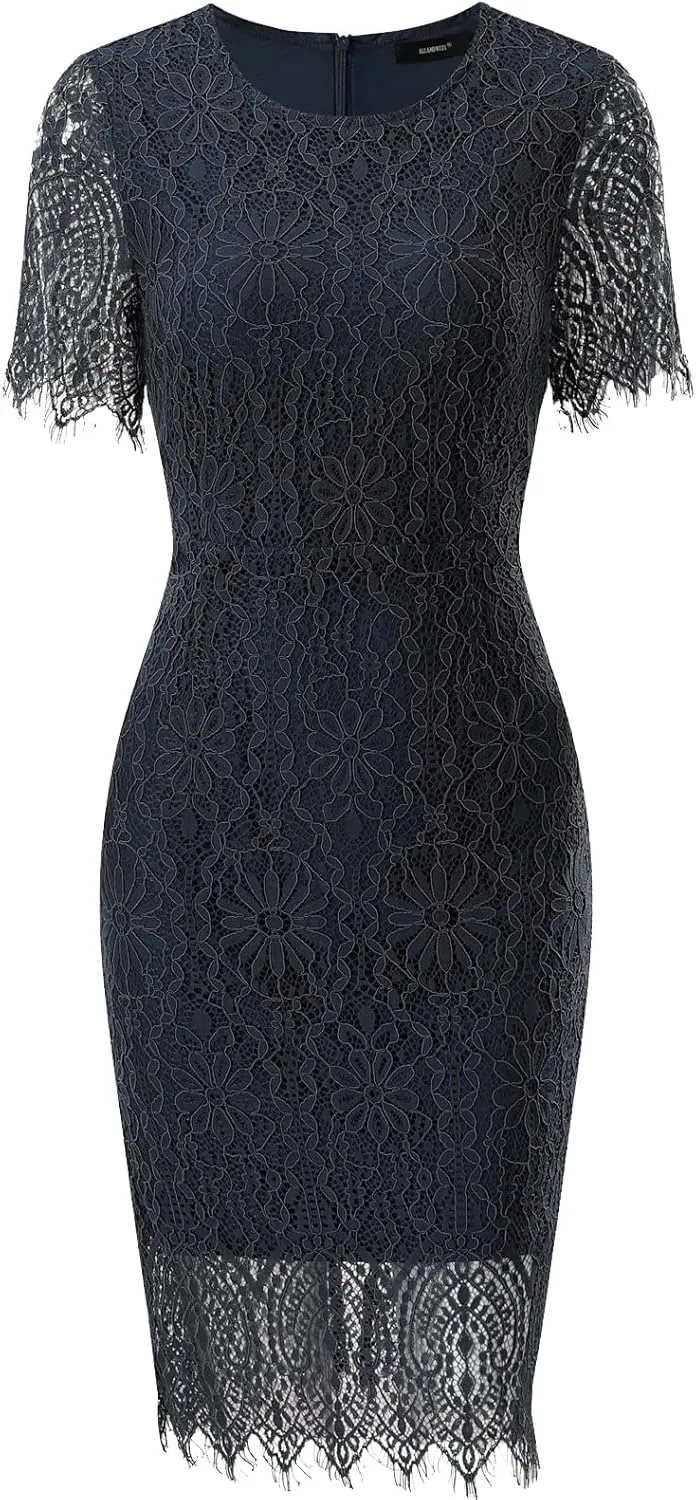 ALLANDWELL Women's Elegant Floral Lace Fixed V Neck Fluttering Short Sleeves Knee Length Dress