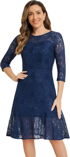 Allegra K Elegant Lace Dress for Women's 3/4 Sleeves Ruffles Bodycon Fishtail Dress