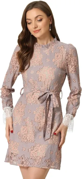 Allegra K Women's Cocktail Elegant Ruffle Crew Neck Floral Lace Shift Dress
