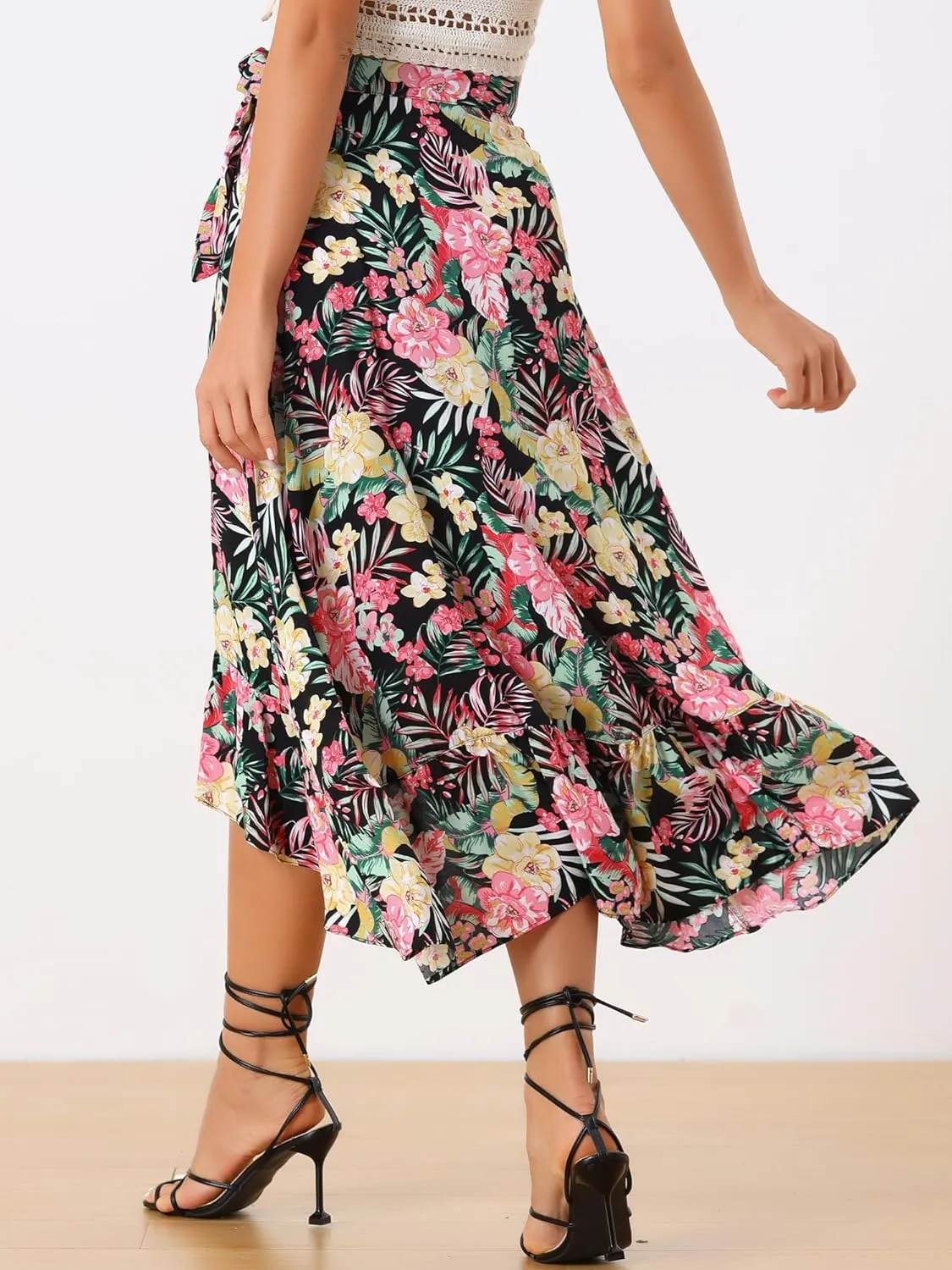 Allegra K Women's Tropical Floral Print Ruffle Self Tie Knot Split Beach Hawaiian Wrap Skirt