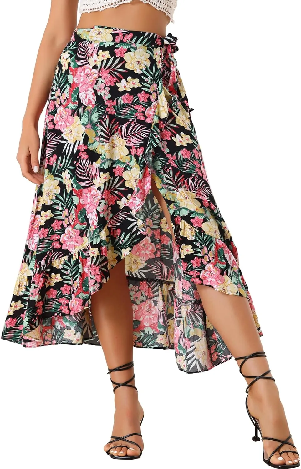 Allegra K Women's Tropical Floral Print Ruffle Self Tie Knot Split Beach Hawaiian Wrap Skirt