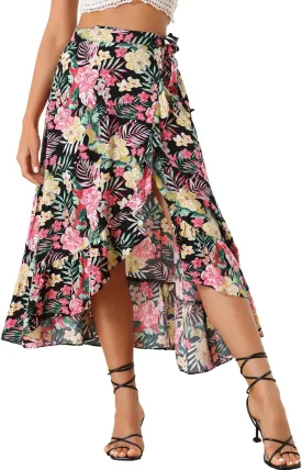 Allegra K Women's Tropical Floral Print Ruffle Self Tie Knot Split Beach Hawaiian Wrap Skirt