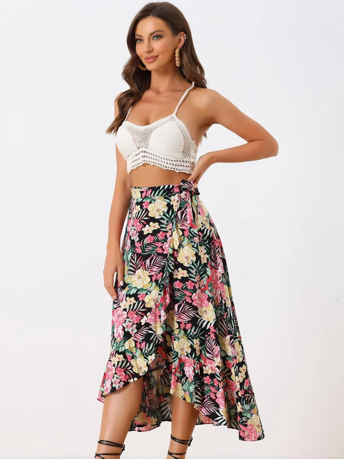 Allegra K Women's Tropical Floral Print Ruffle Self Tie Knot Split Beach Hawaiian Wrap Skirt