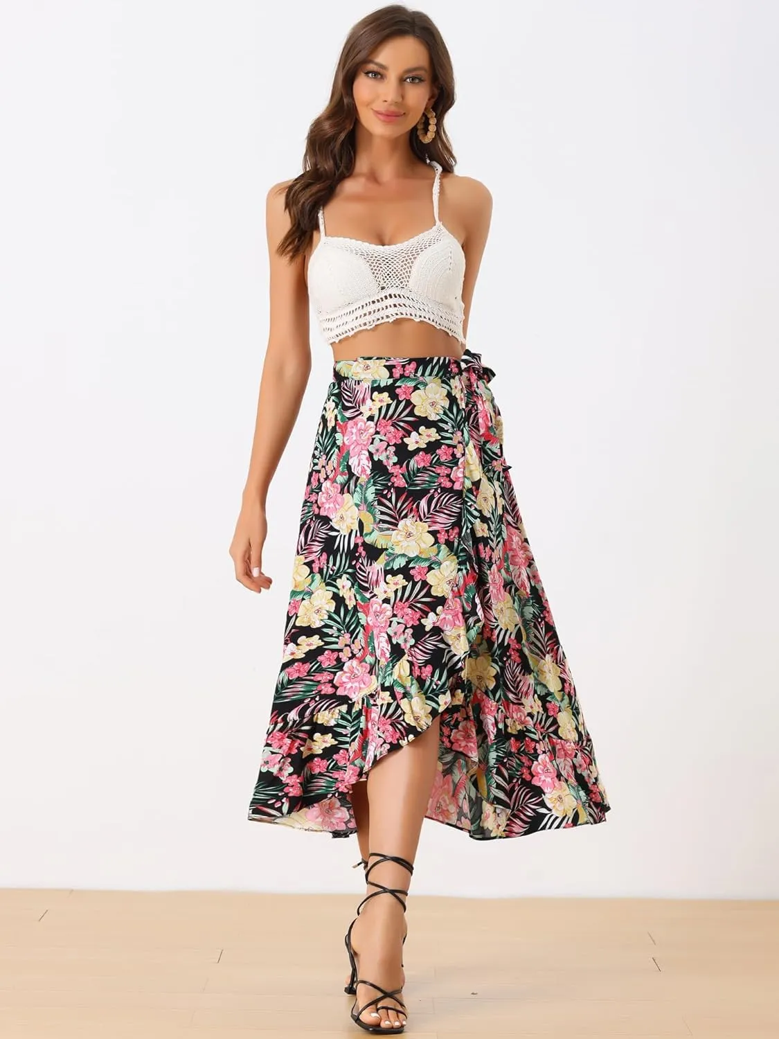 Allegra K Women's Tropical Floral Print Ruffle Self Tie Knot Split Beach Hawaiian Wrap Skirt
