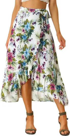 Allegra K Women's Tropical Floral Print Ruffle Self Tie Knot Split Beach Hawaiian Wrap Skirt