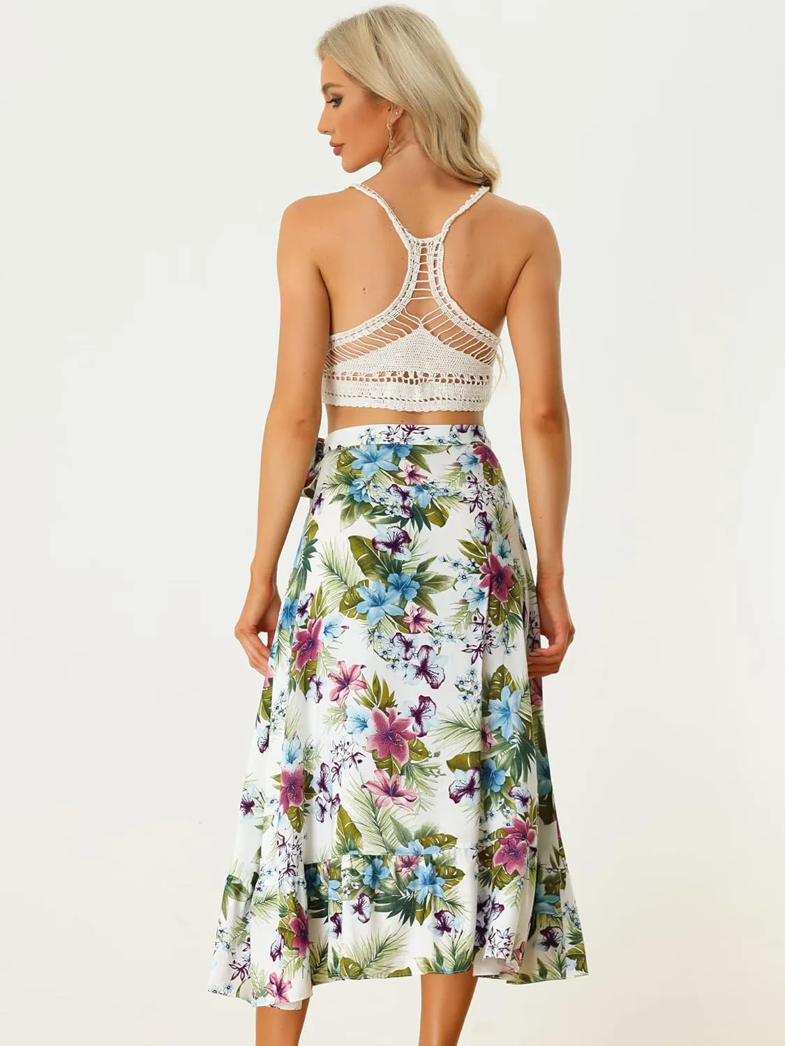 Allegra K Women's Tropical Floral Print Ruffle Self Tie Knot Split Beach Hawaiian Wrap Skirt
