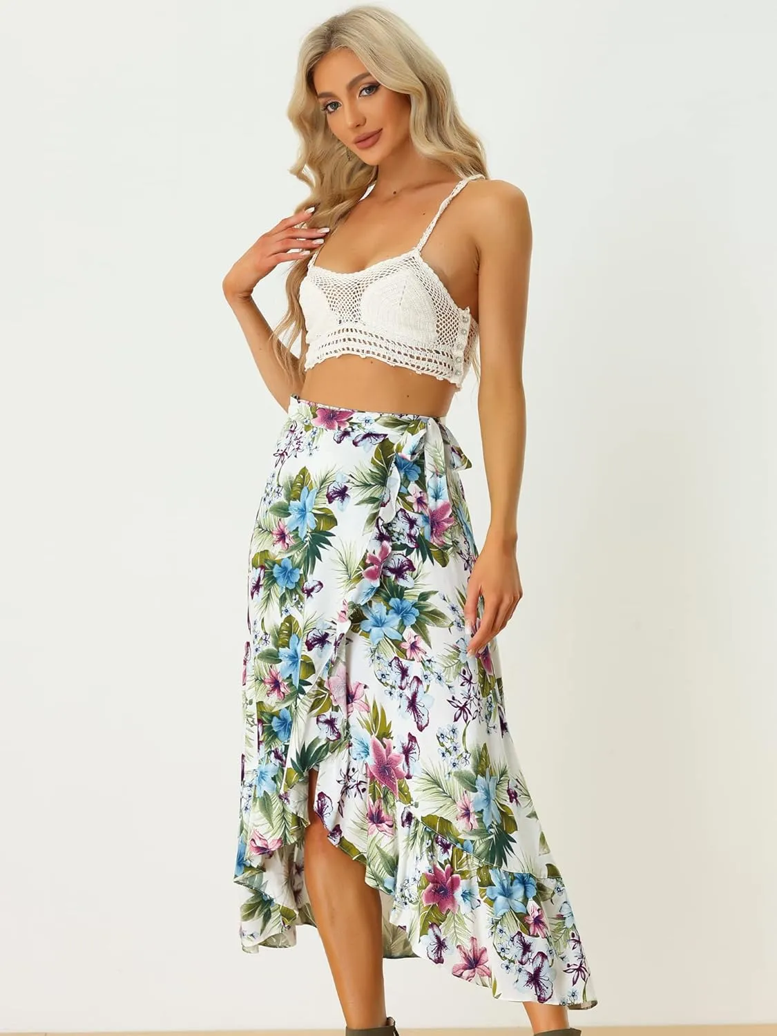 Allegra K Women's Tropical Floral Print Ruffle Self Tie Knot Split Beach Hawaiian Wrap Skirt