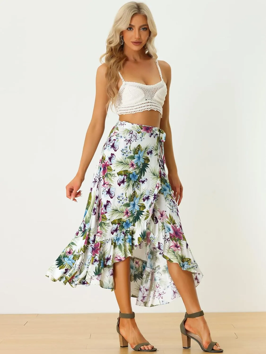 Allegra K Women's Tropical Floral Print Ruffle Self Tie Knot Split Beach Hawaiian Wrap Skirt