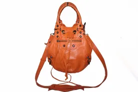 Authentic Balenciaga Orange Lambskin Leather Mini Pompon Bucket Crossbody