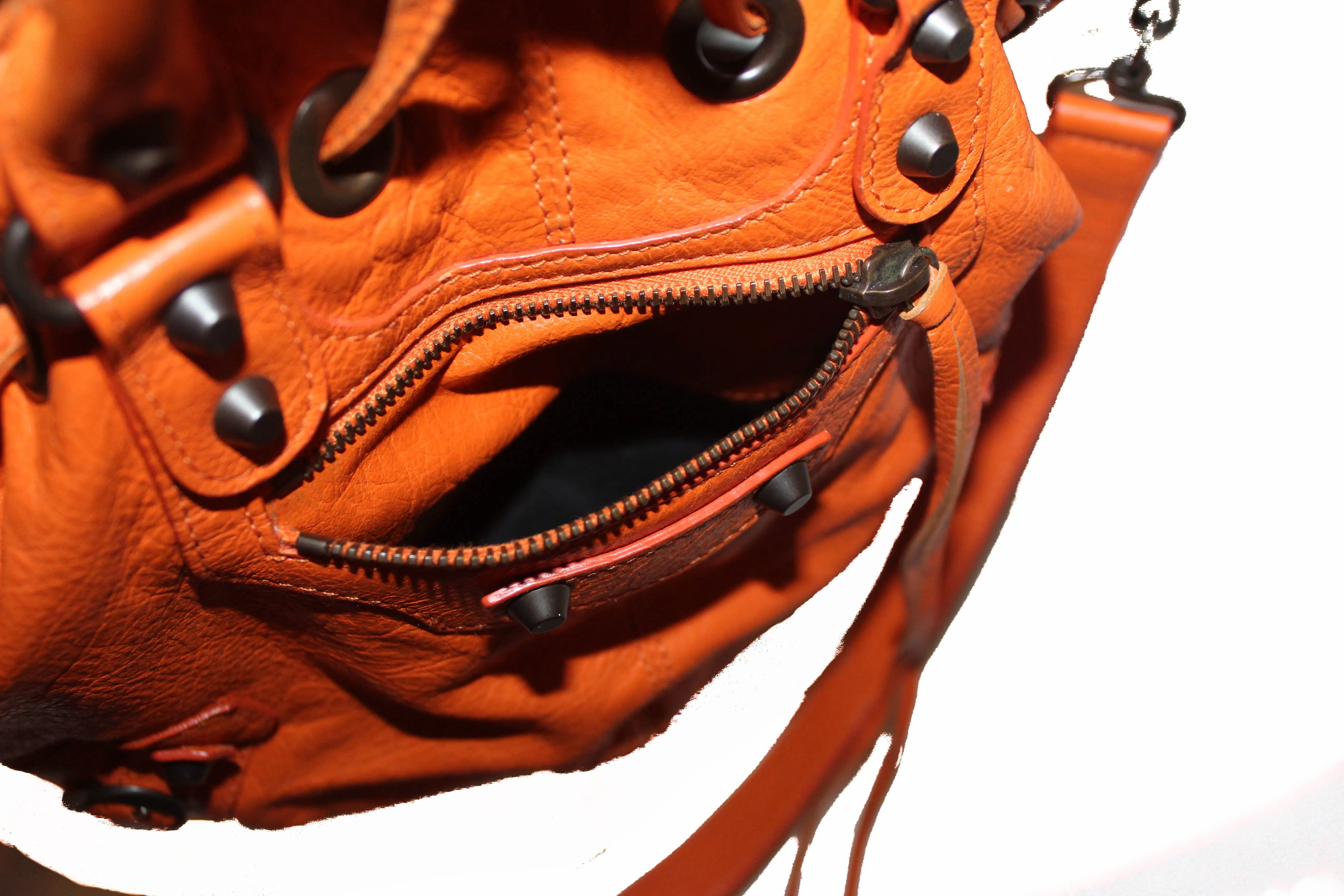 Authentic Balenciaga Orange Lambskin Leather Mini Pompon Bucket Crossbody