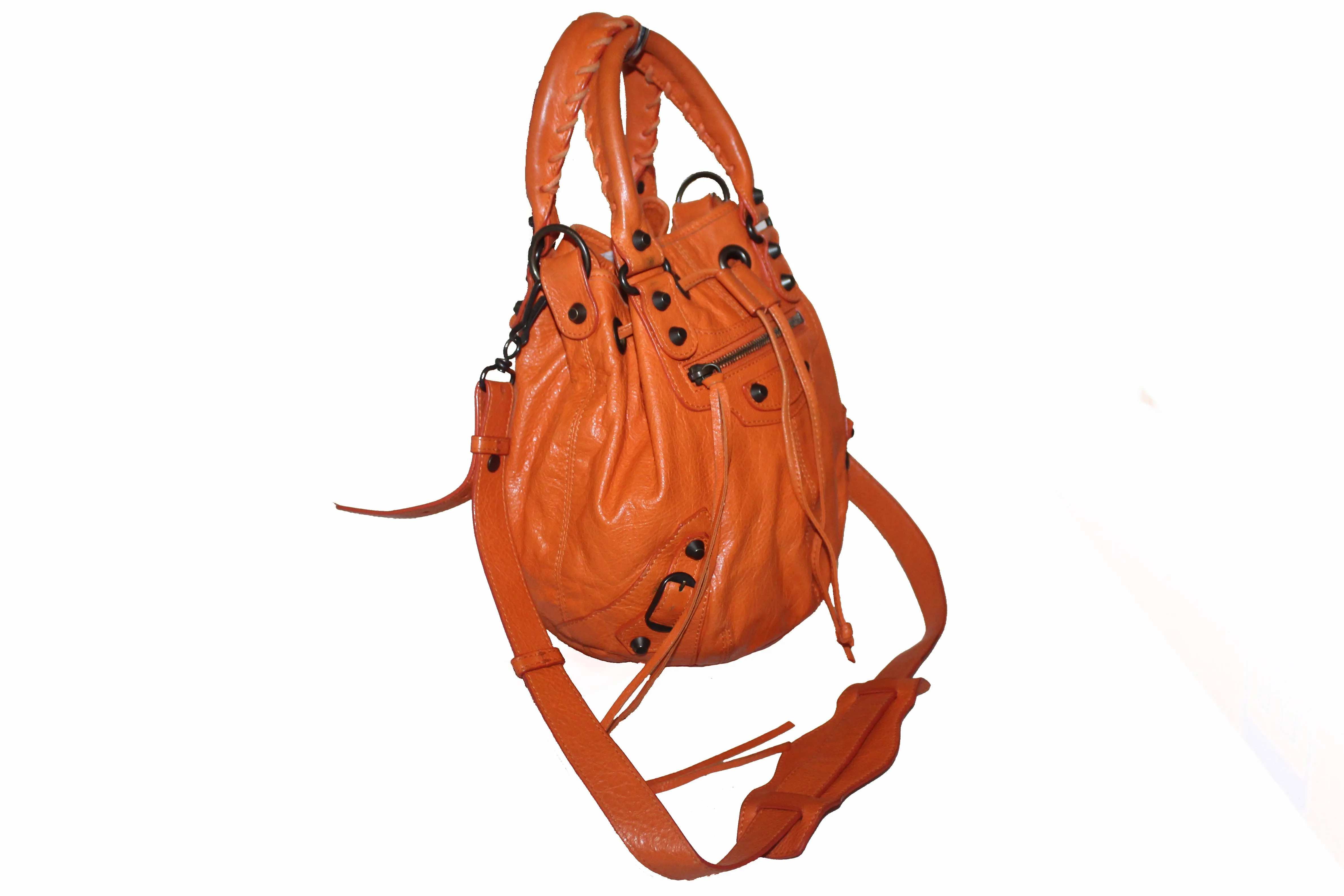 Authentic Balenciaga Orange Lambskin Leather Mini Pompon Bucket Crossbody