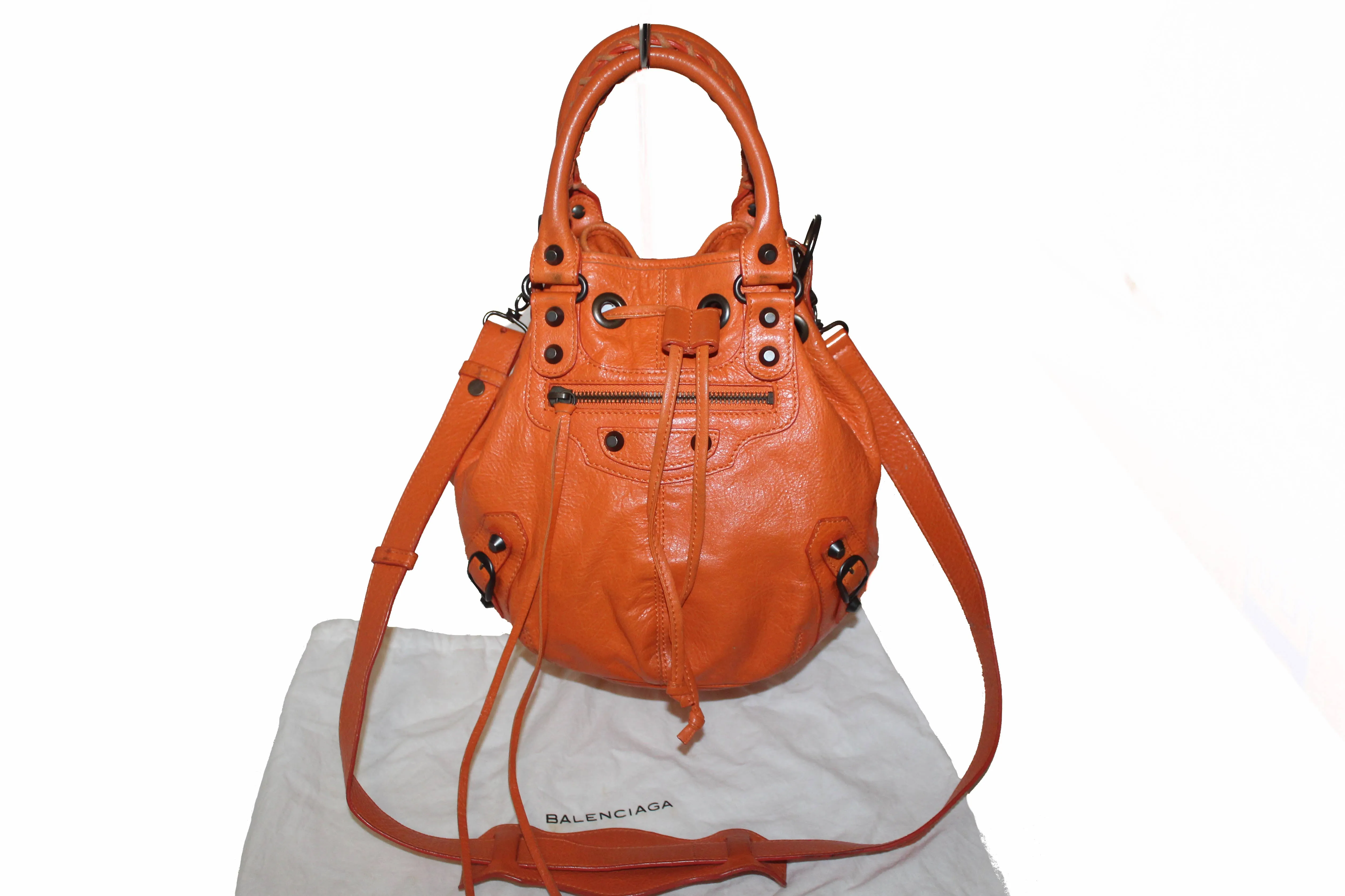 Authentic Balenciaga Orange Lambskin Leather Mini Pompon Bucket Crossbody