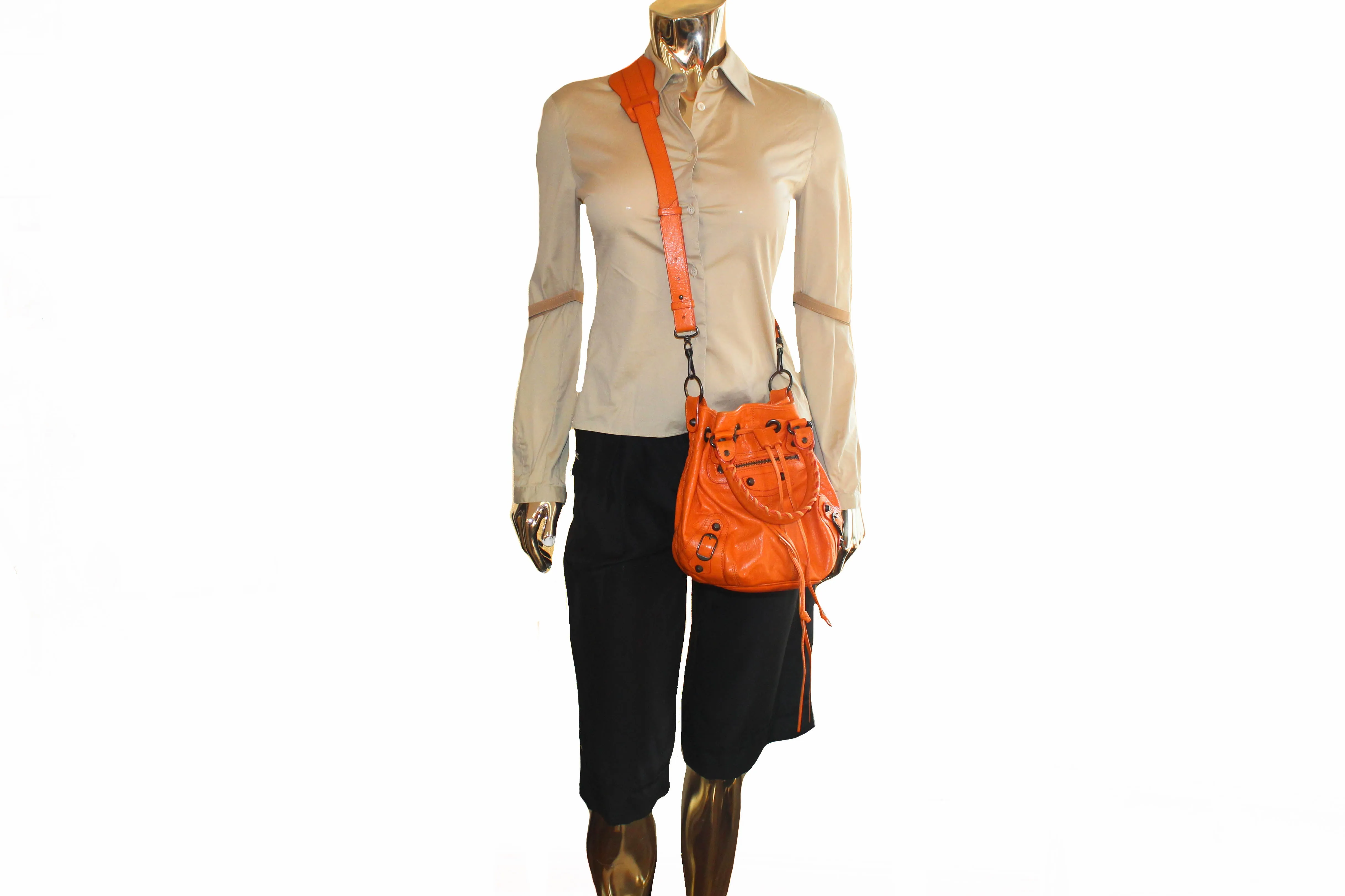 Authentic Balenciaga Orange Lambskin Leather Mini Pompon Bucket Crossbody