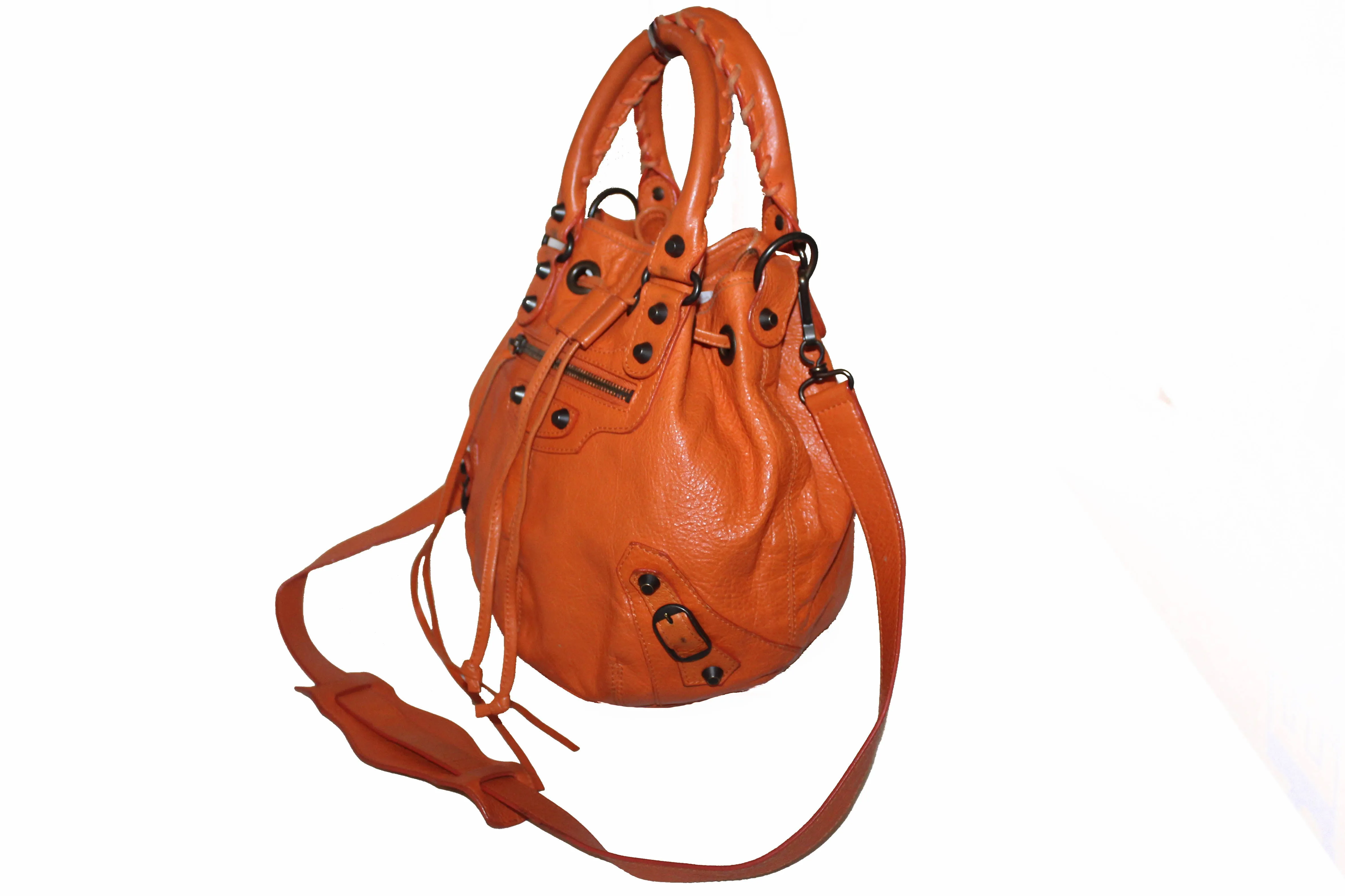 Authentic Balenciaga Orange Lambskin Leather Mini Pompon Bucket Crossbody