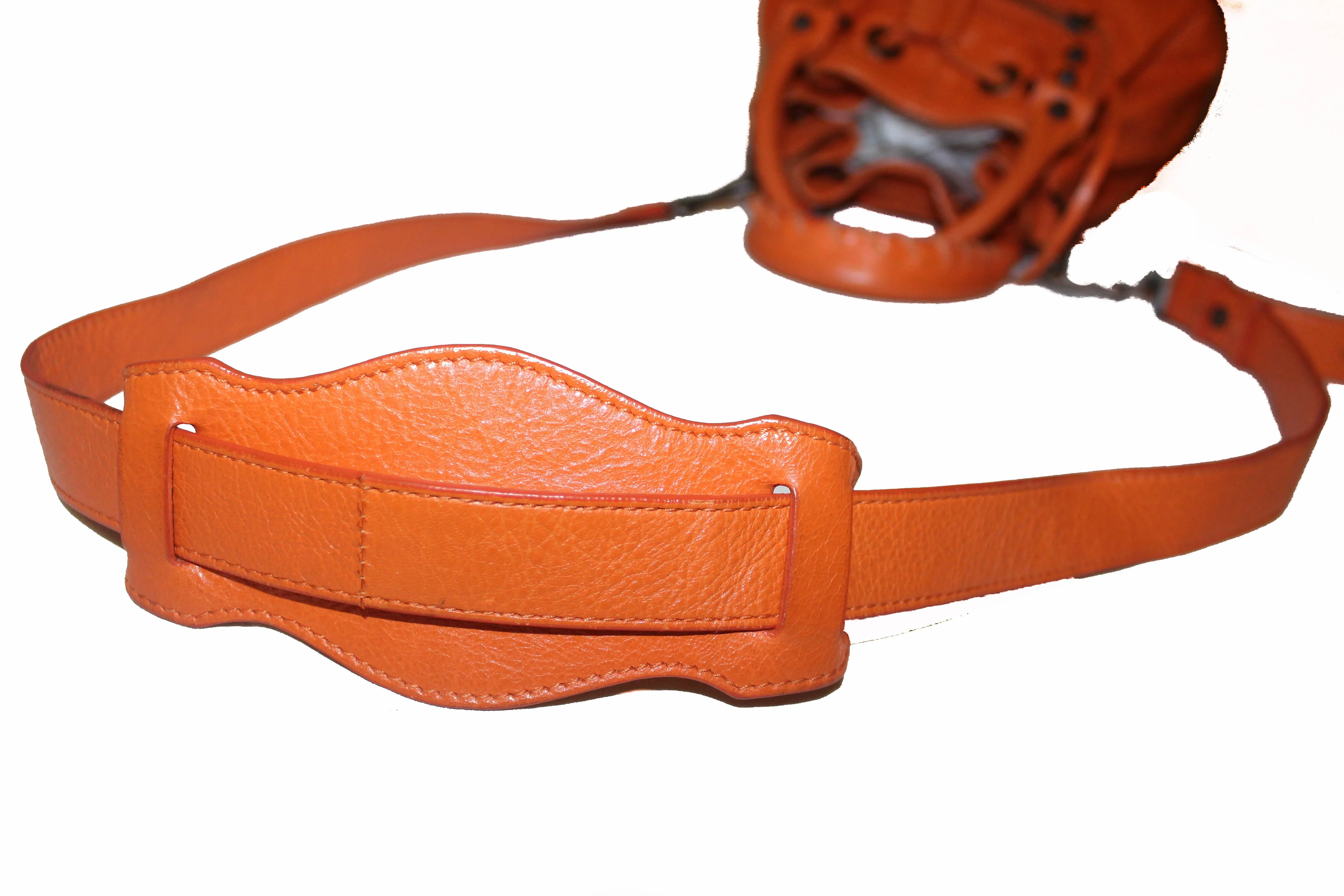 Authentic Balenciaga Orange Lambskin Leather Mini Pompon Bucket Crossbody